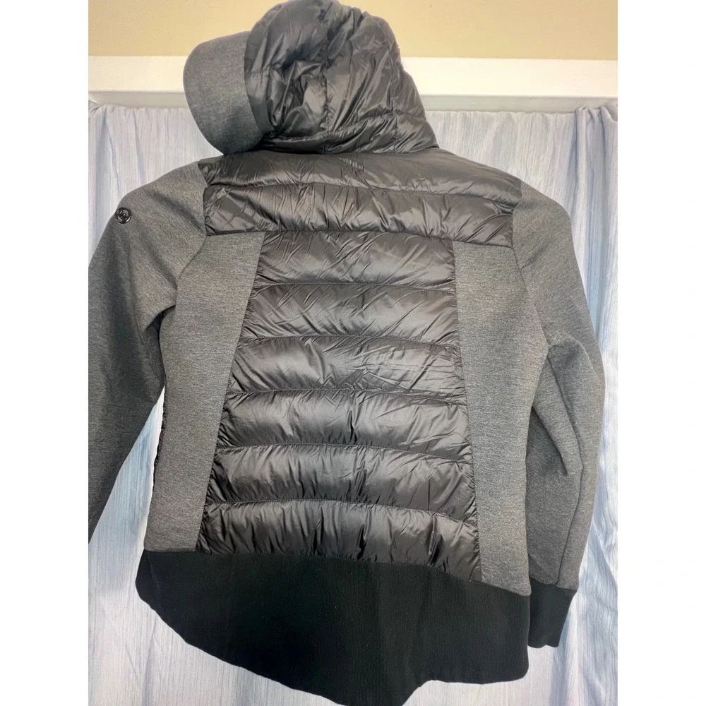 Michael Kors Womens Hybrid Puffer Jacket Black Gray Hooded‎ Thumbholes Large